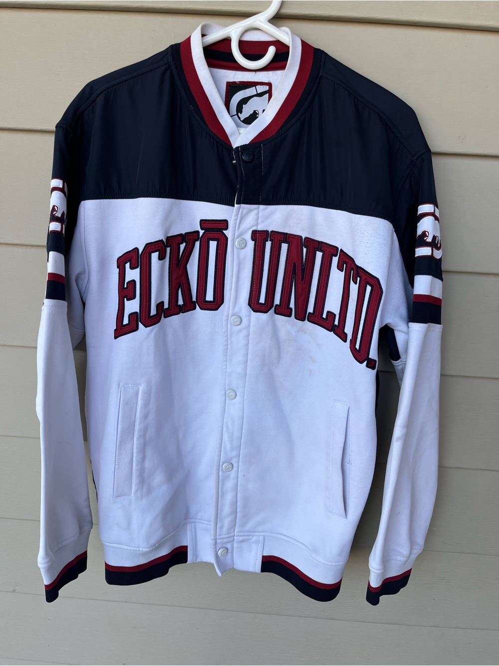 Ecko Unlimited White, Black & Burgundy Varsity Bomber Jacket